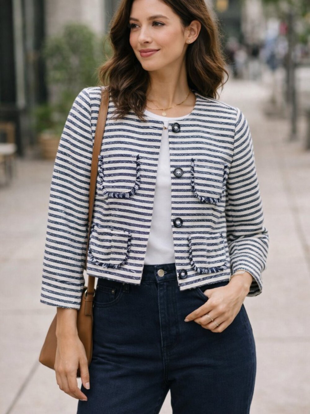 Tommy Hilfiger Navy and White Striped Cropped Jacket